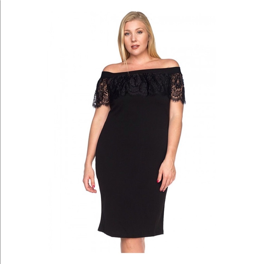 Curvy Black Lace Off Shoulder Detail Dress